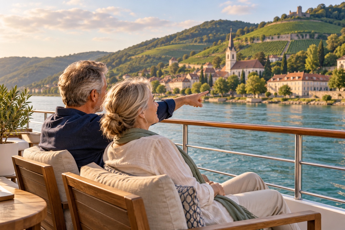 Travelers enjoying a river cruise from the open-air deck